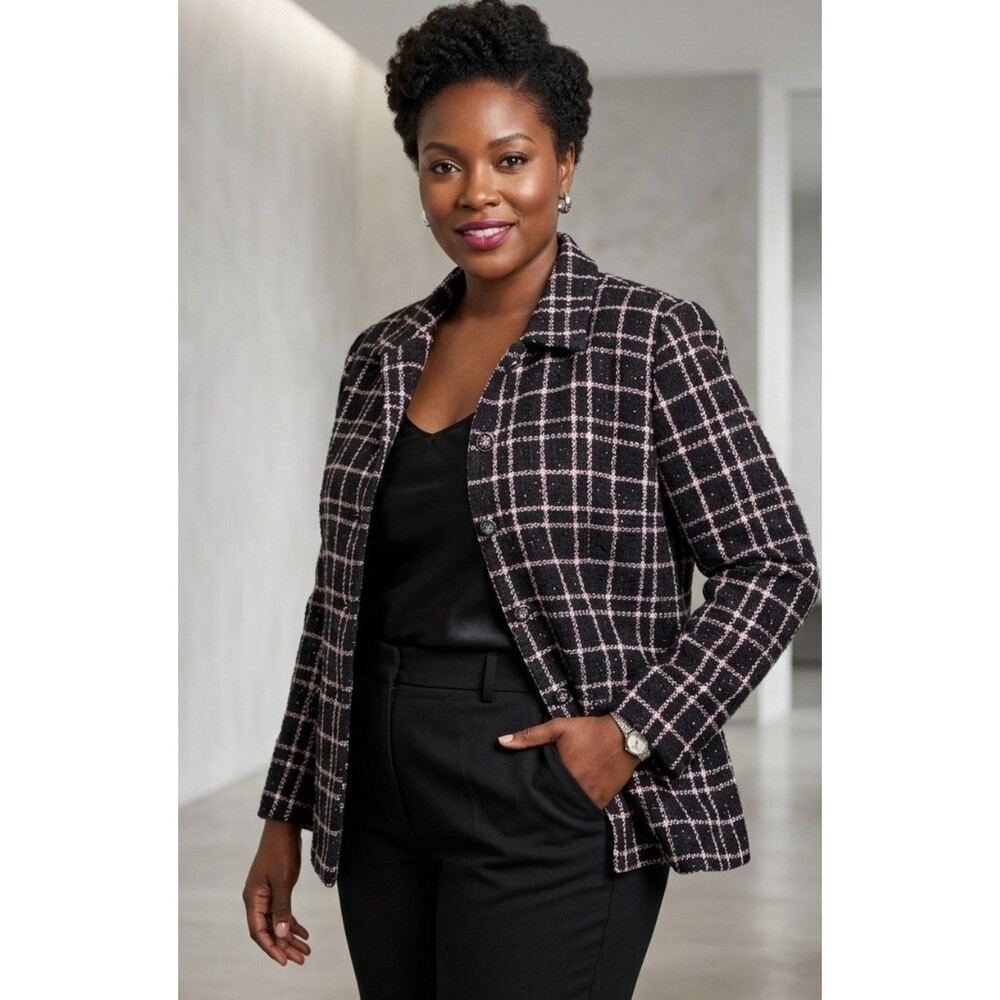 ✨ 90s Vintage Sag Harbor Sparkly Plaid Tweed Blazer Quiet Luxury – Size 18 ✨